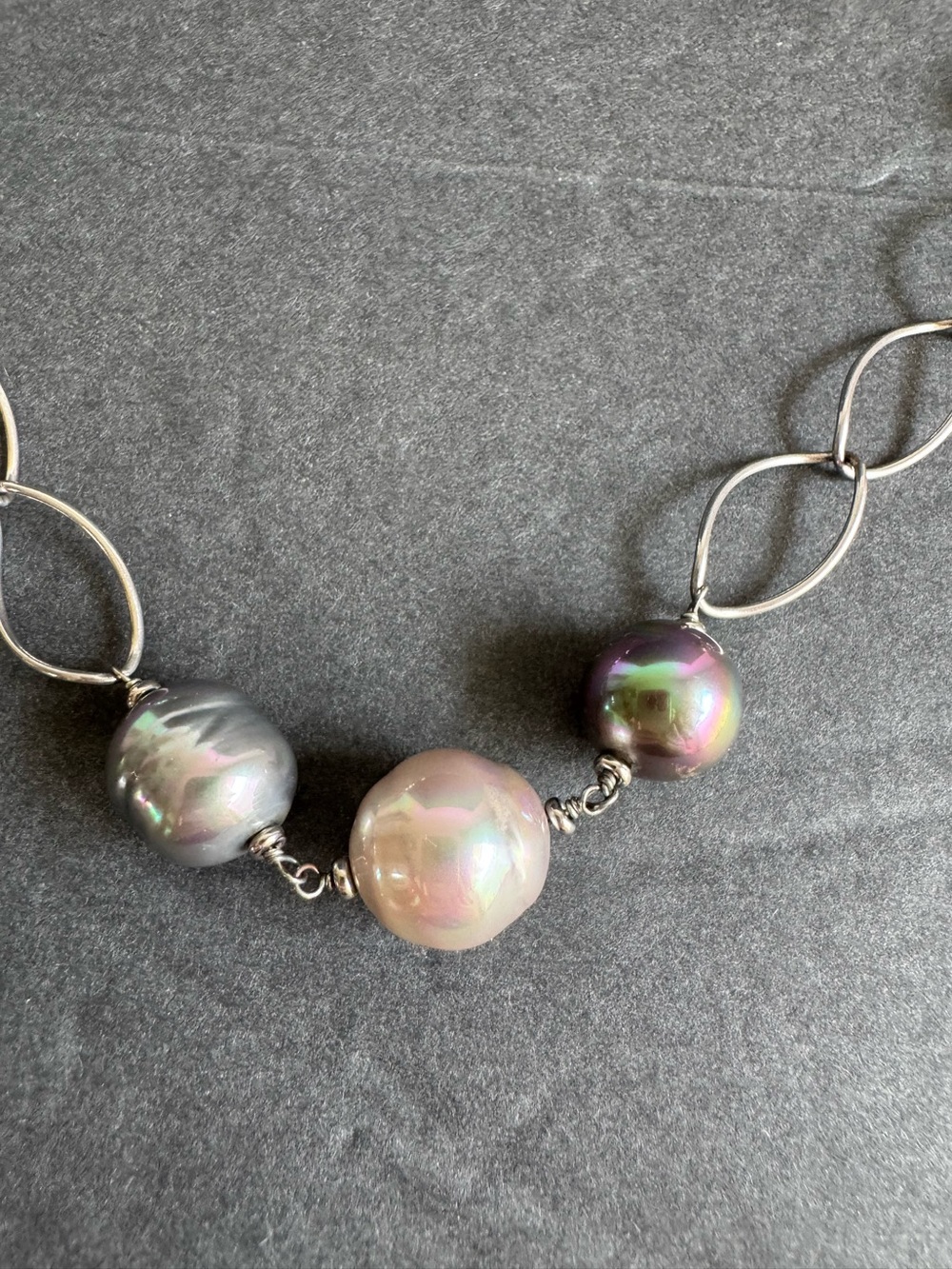 Sterling Silver Baroque Pearl Necklace Large Link Station Chain Old Money 925 - Picture 3 of 10